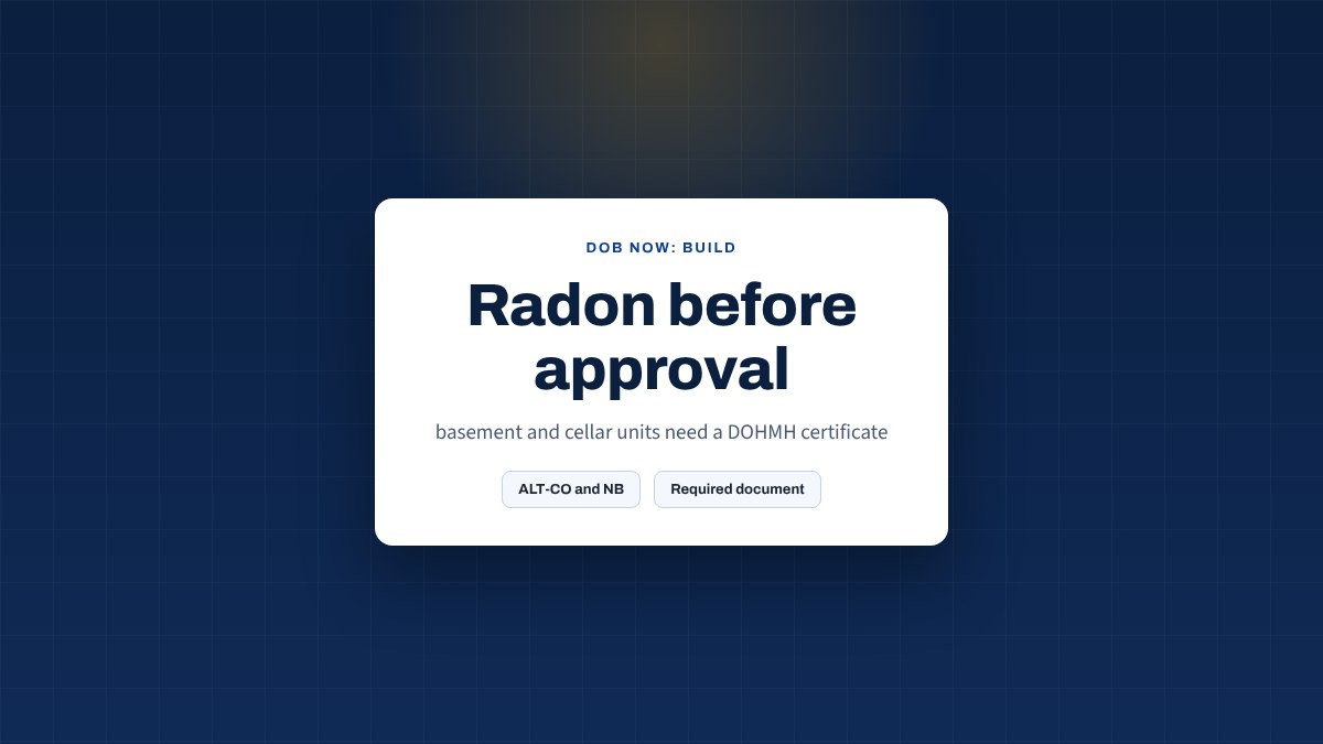Card stating that a DOHMH Radon and Vapor Level Certificate is required for basement and cellar ancillary dwelling units