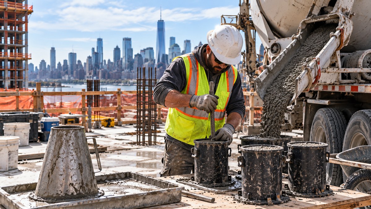 Field technician filling concrete cylinder molds next to a ready-mix truck on a New York City job site