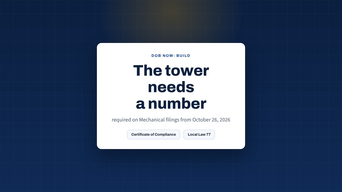 Card stating that cooling tower registration numbers, installation dates and commission dates are required on Mechanical filings from October 26, 2026