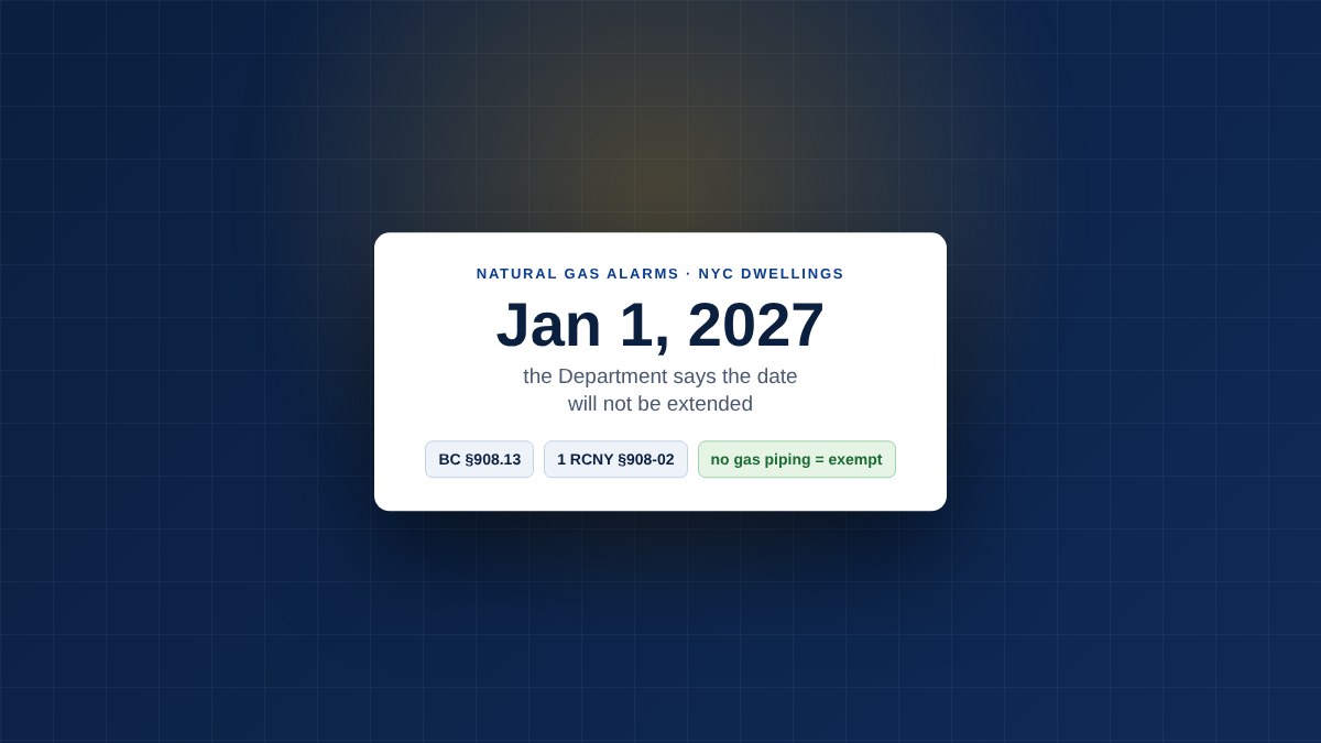 Card stating that natural gas alarms are due in New York City dwellings by January 1, 2027