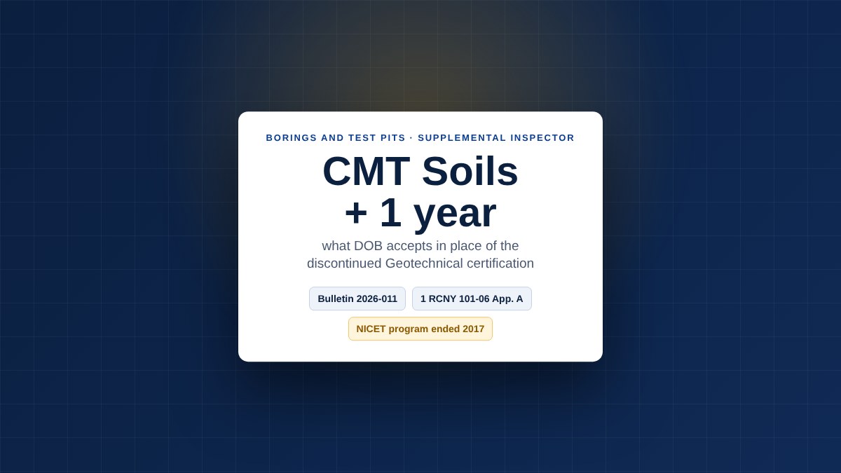 Card stating that DOB accepts NICET Level II Construction Materials Testing in Soils plus one year with the primary inspector