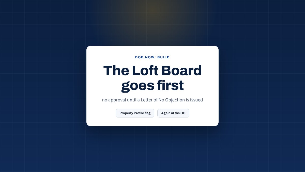 Card stating that job filings on Loft Law buildings are not approved until the Loft Board issues a Letter of No Objection or a certification