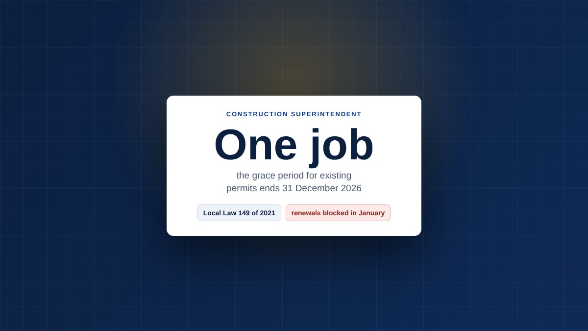 Card stating that a NYC construction superintendent may be designated on only one active permit