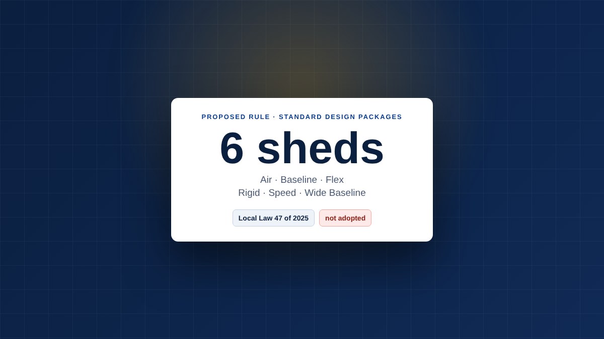 Card naming the six proposed standard sidewalk shed design packages