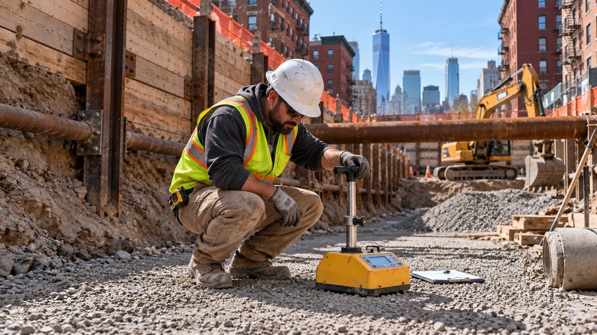 Technician using a nuclear density gauge on compacted gravel fill inside a shored excavation in New York City