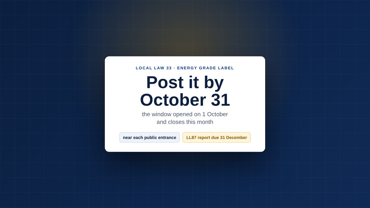 Card stating that the NYC Building Energy Efficiency Rating Label must be posted between October 1 and October 31