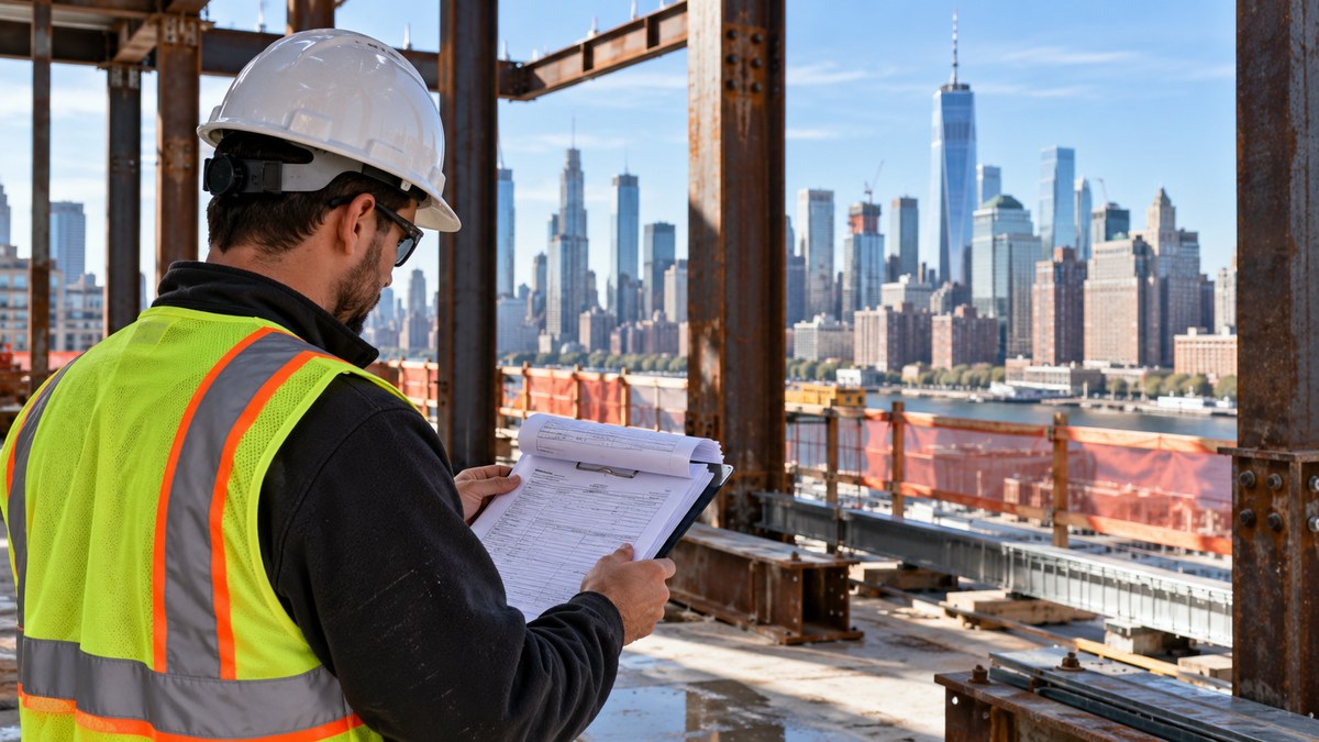 Inspector in a hard hat reviewing inspection forms on a clipboard at a New York City construction site