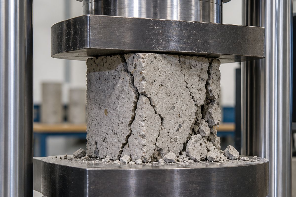 Concrete cylinder in a compression testing machine