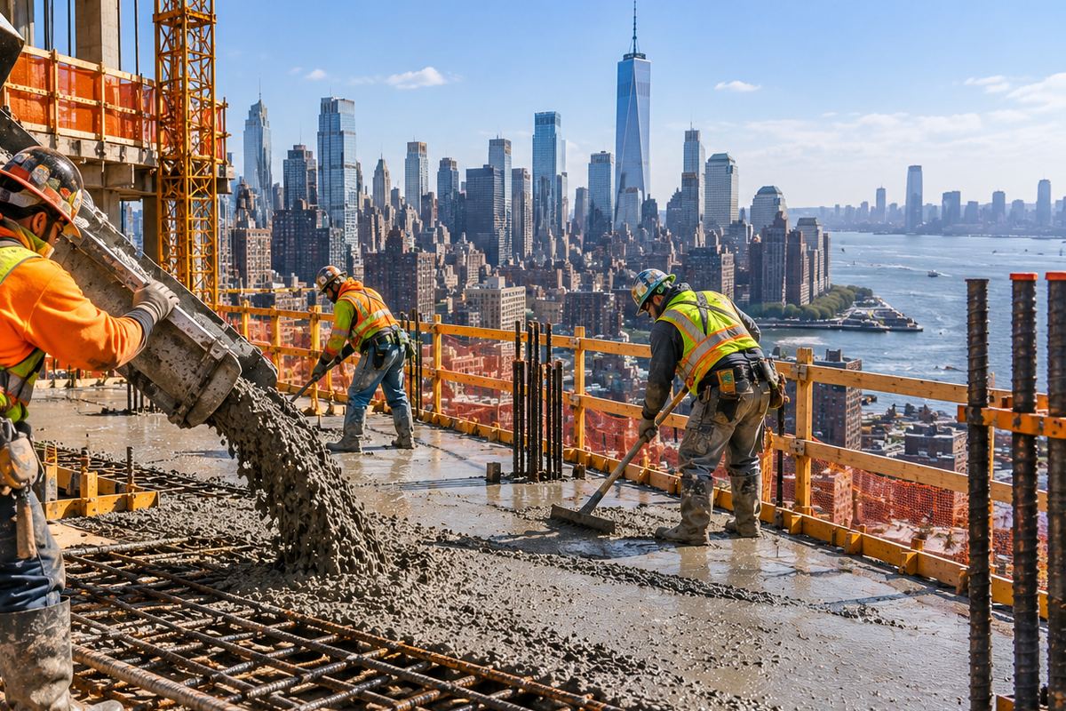 Fresh concrete being placed on a reinforced slab with the Manhattan skyline behind
