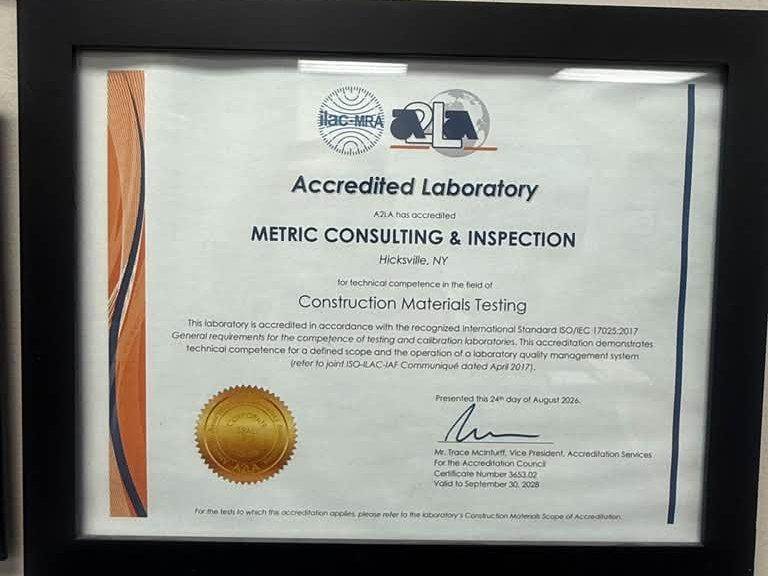 A2LA Accredited Laboratory certificate for Construction Materials Testing, ISO/IEC 17025:2017, issued to Metric Consulting & Inspection